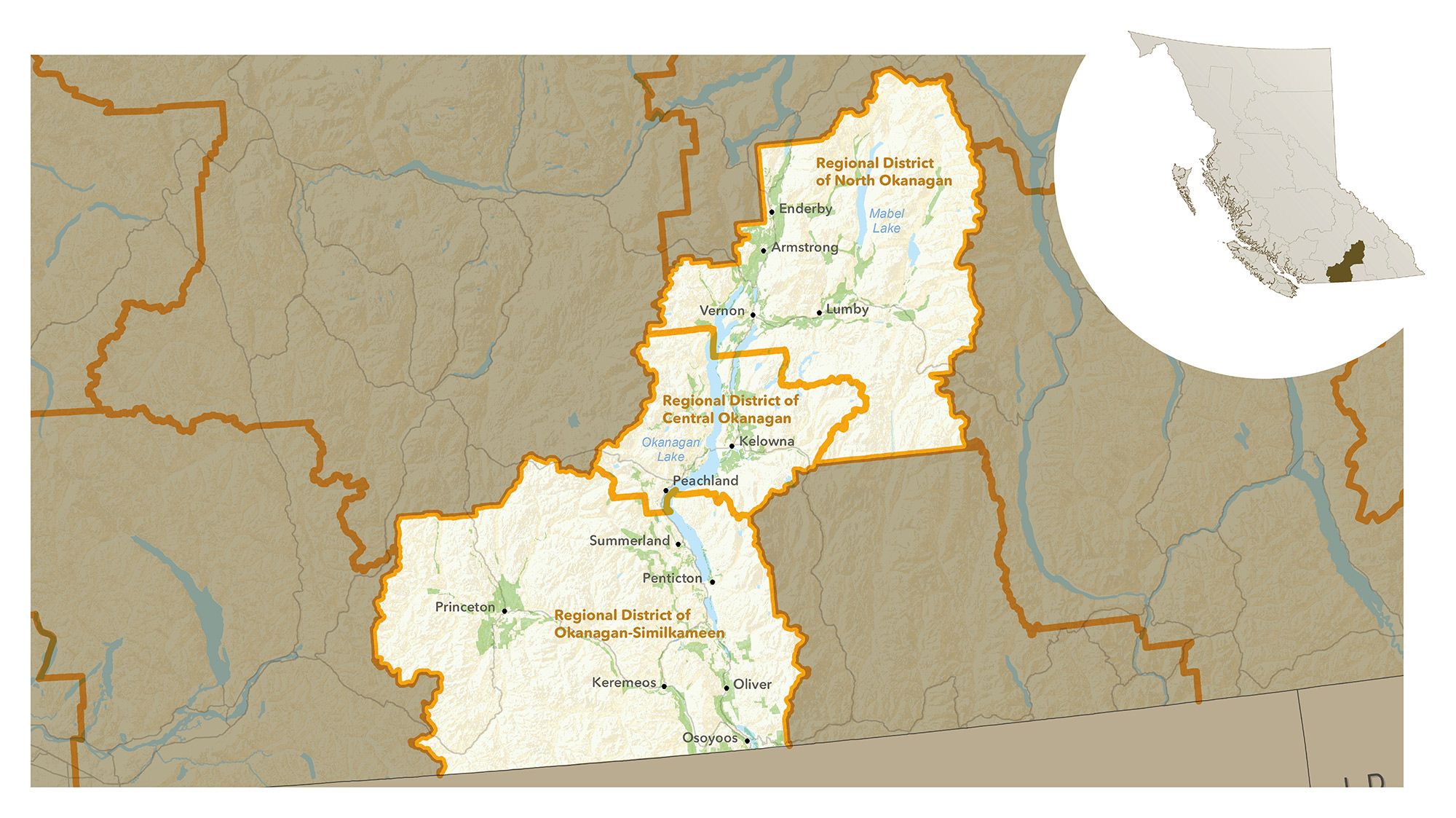 Map of the Okanagan region, with Agricultural Land Reserve shown in green.